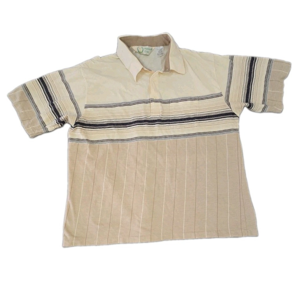VTG Palmland Club Polo Shirt Men XXL Beige Striped Short Sleeve Knit Textured